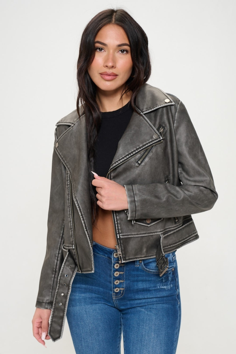 SHIRLYN.CO LA Zip Up Biker Jacket with Belt