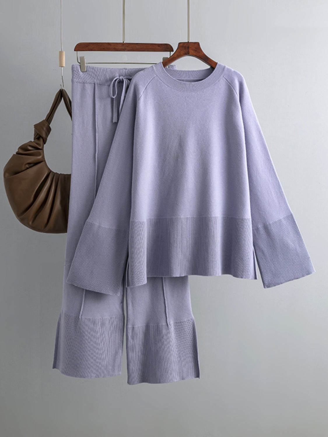 SHIRLYN Slit Round Neck Long Sleeve Top and Drawstring Pants Sweater Set