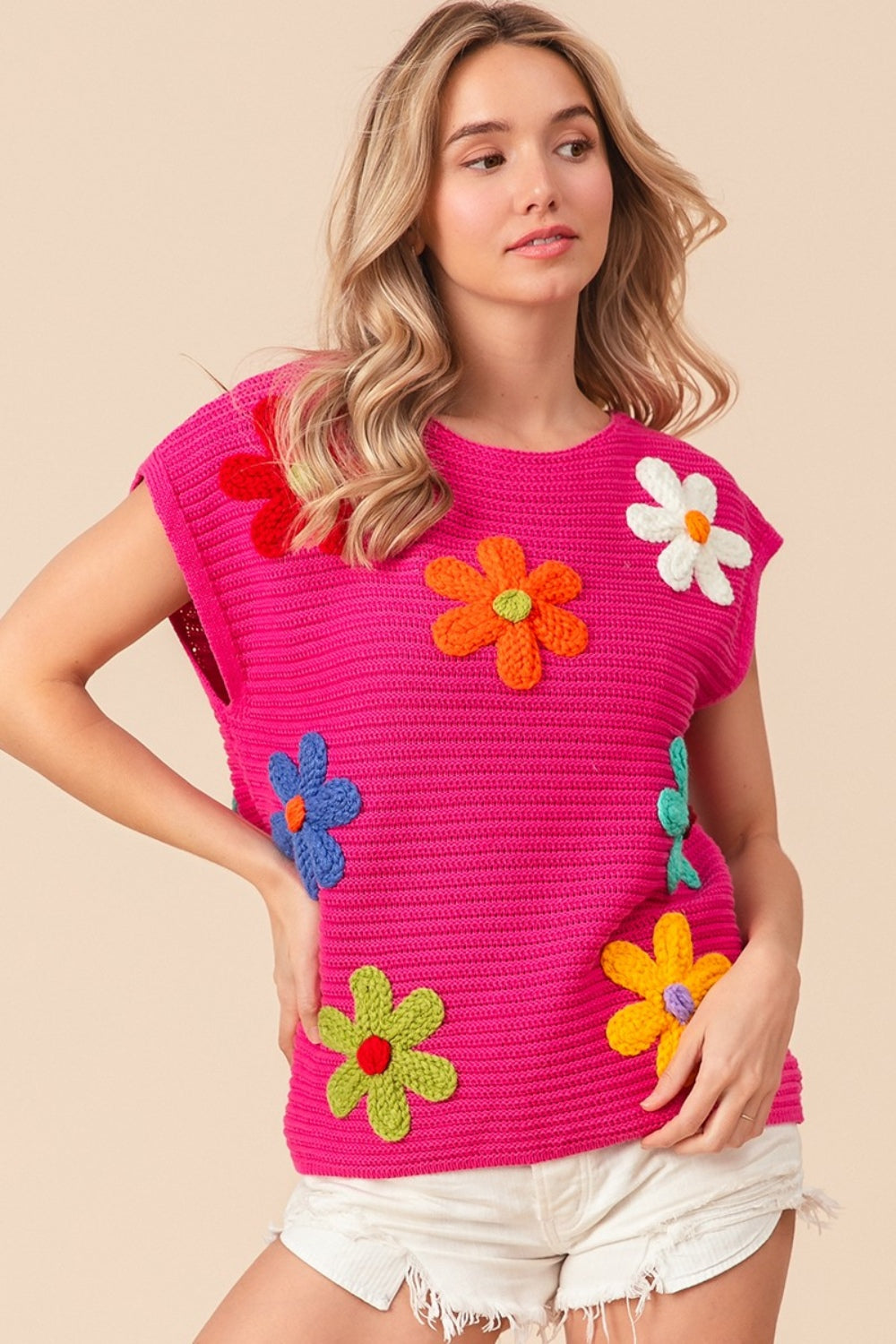 SHIRLYN Flower Round Neck Cap Sleeve Knit Top