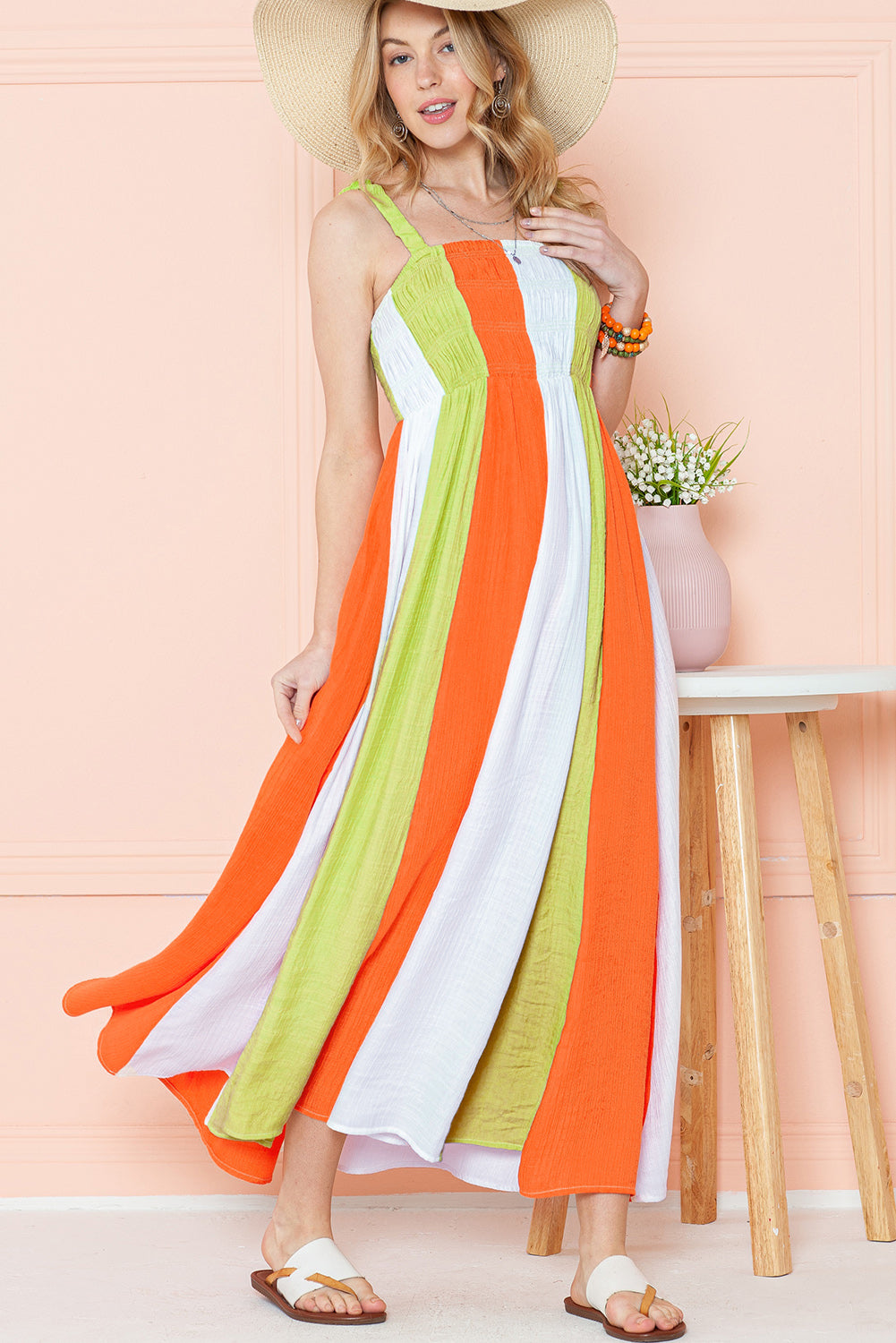 Green Color Block Shirred High Waist Pleated Maxi Dress