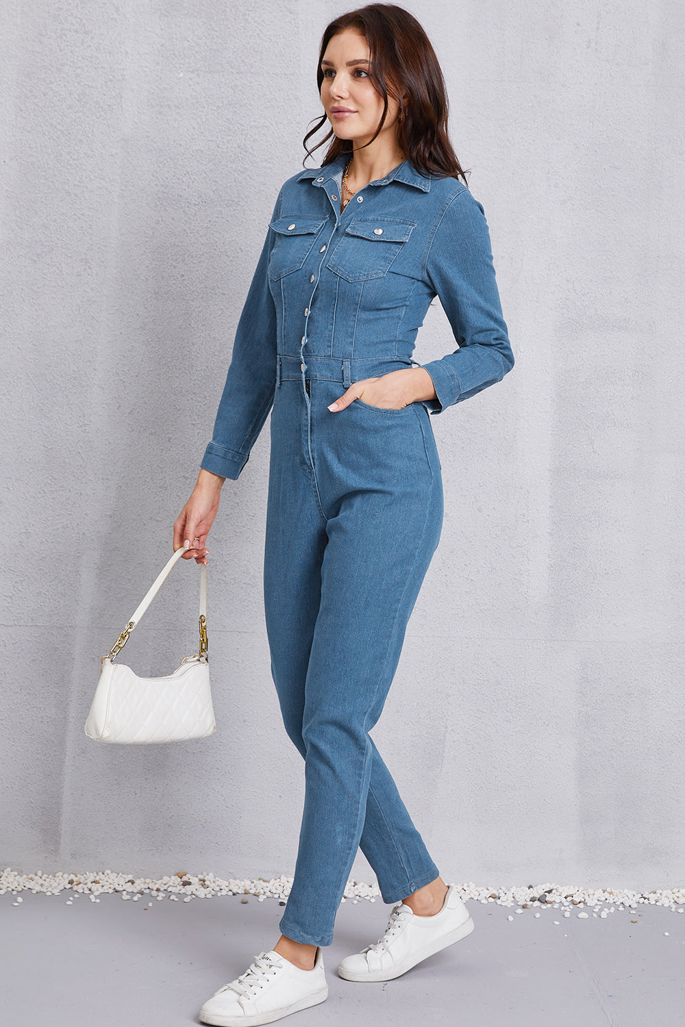 SHIRLYN Snap Down Denim Jumpsuit with Pockets