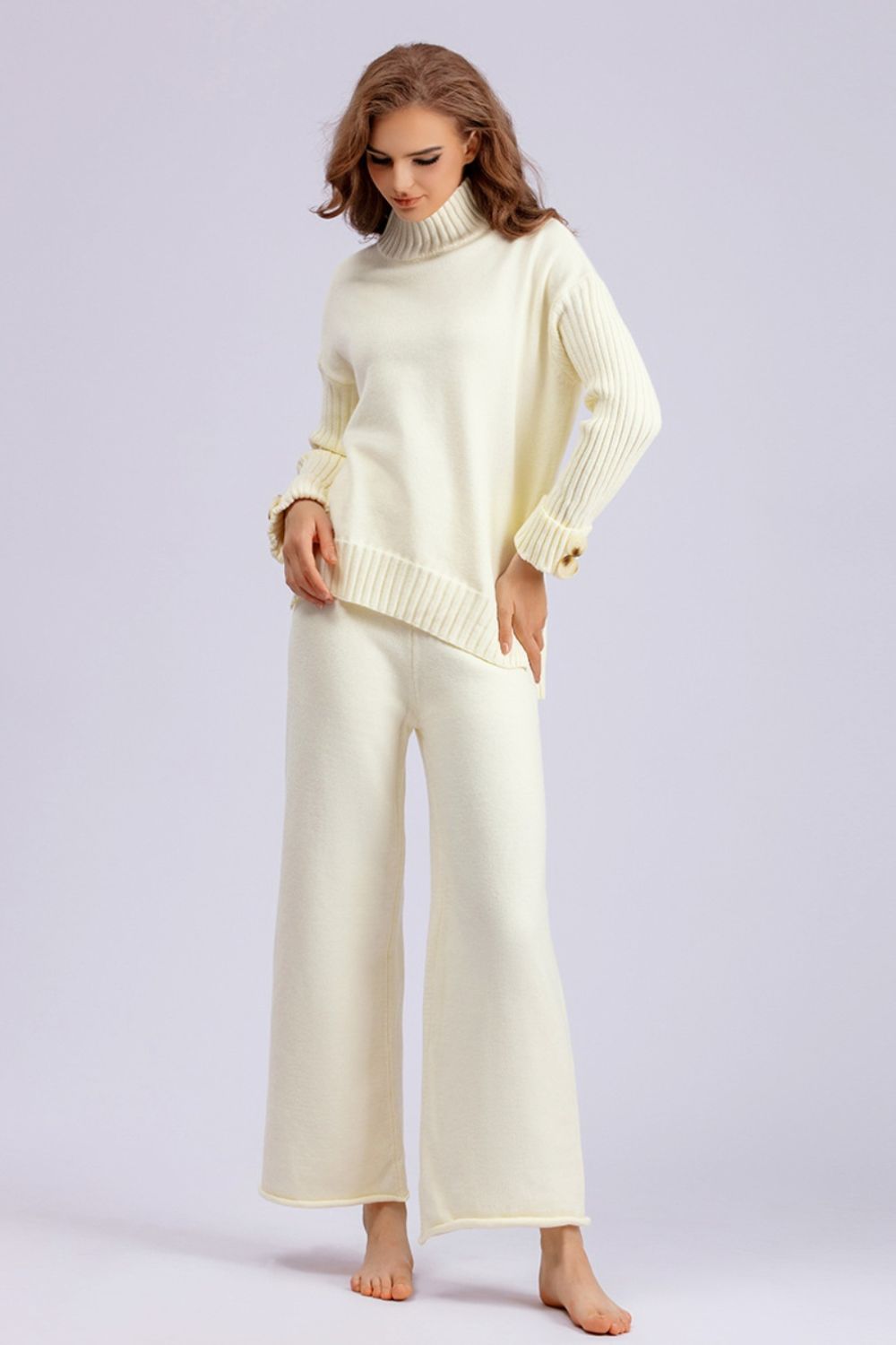 SHIRLYN High- Low Turtleneck Long Sleeve Top and Pants Sweater Set