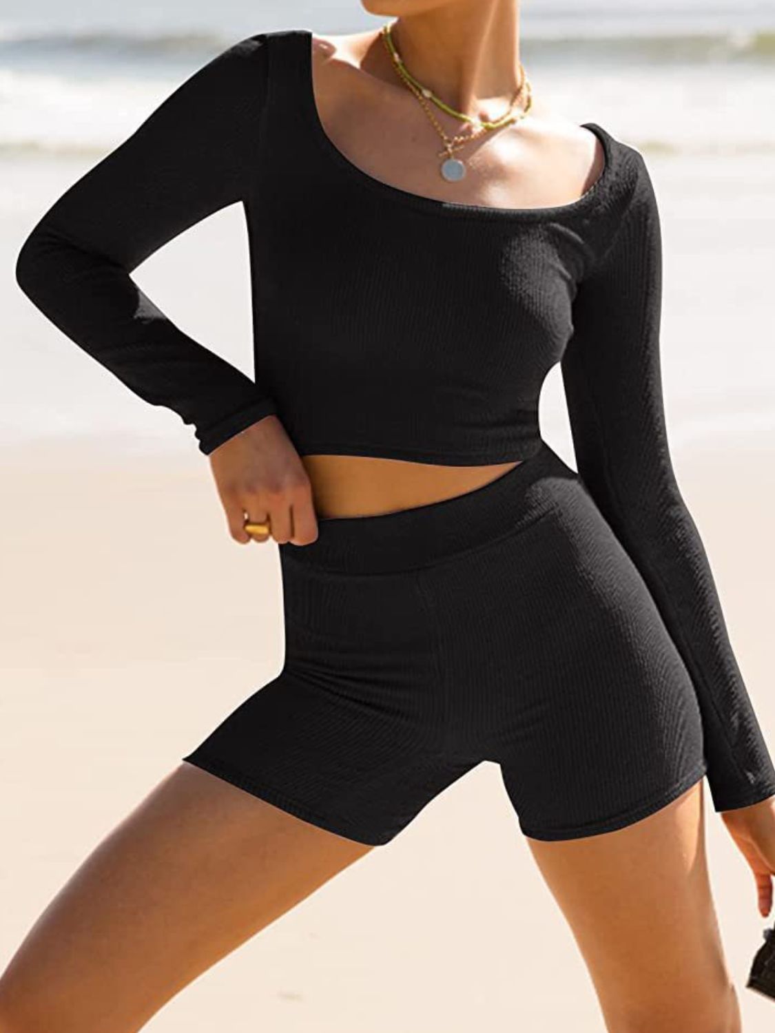 Neck Long Sleeve Top and Shorts Set