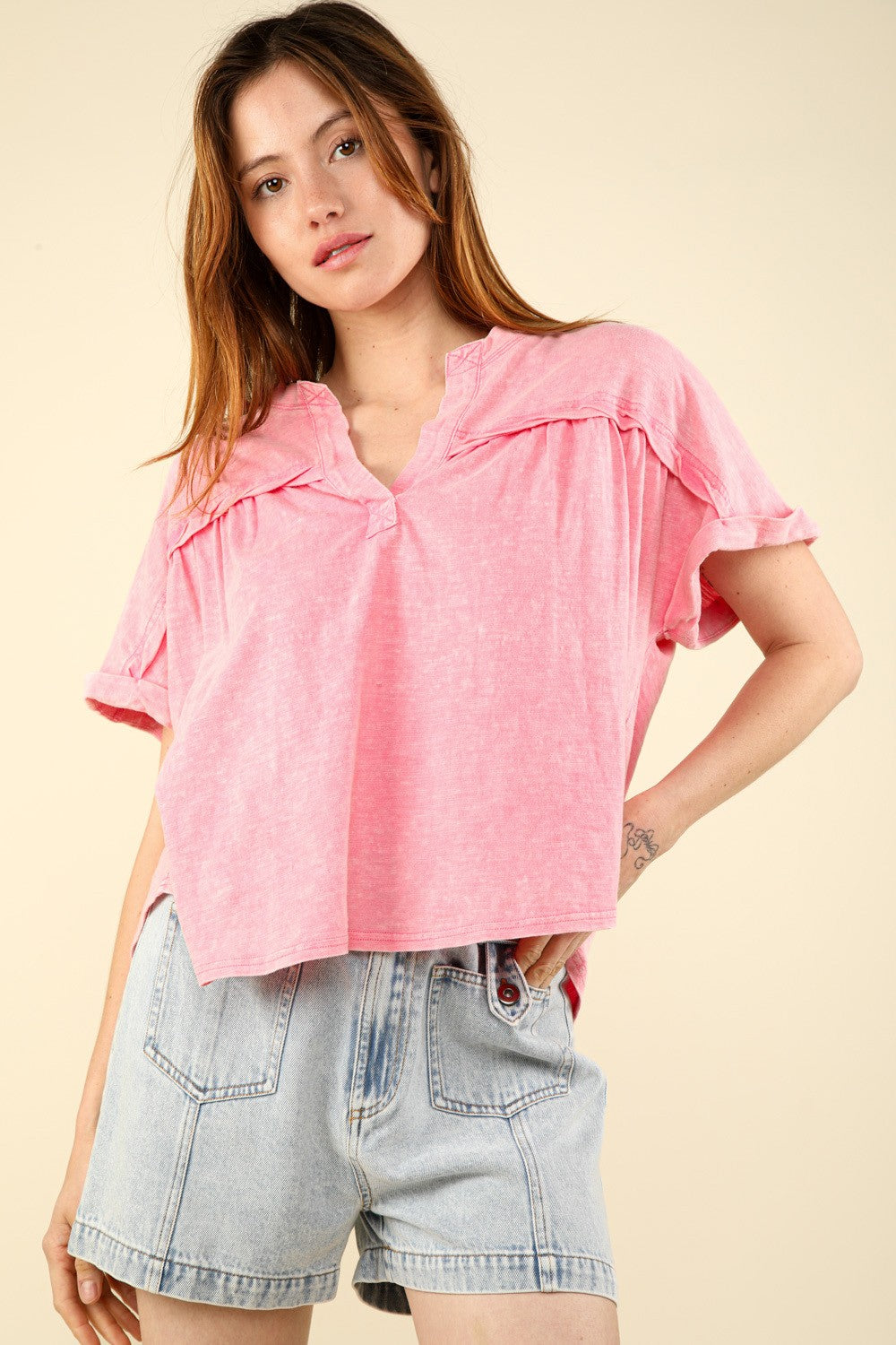 SHIRLYN - Nochted Short Sleeve Washed T-Shirt