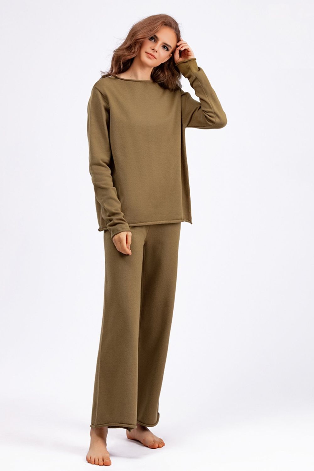 SHIRLYN Rolled Round Neck Top and Pants Sweater Set