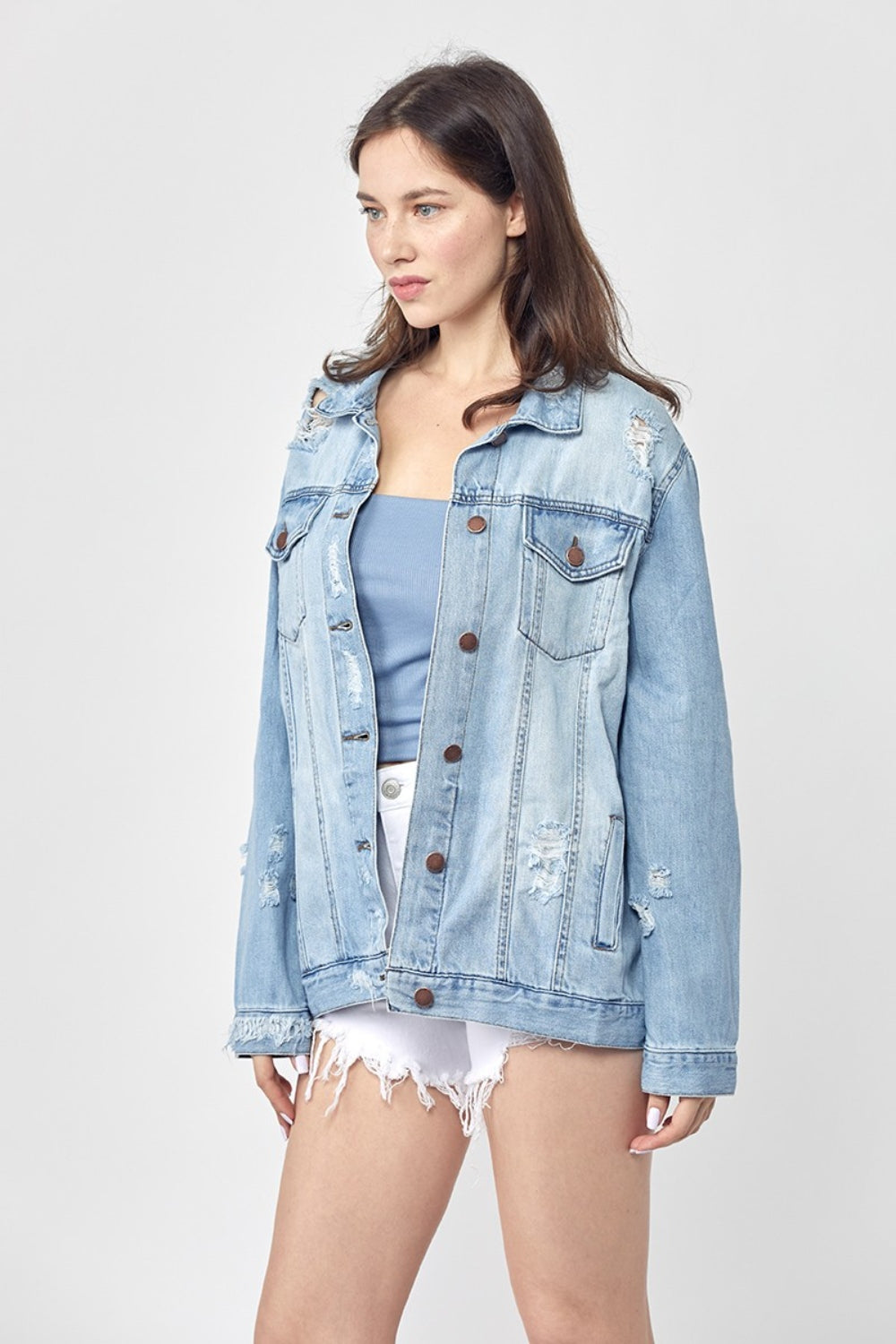 Full Size Distressed Long Sleeve Denim Jacket