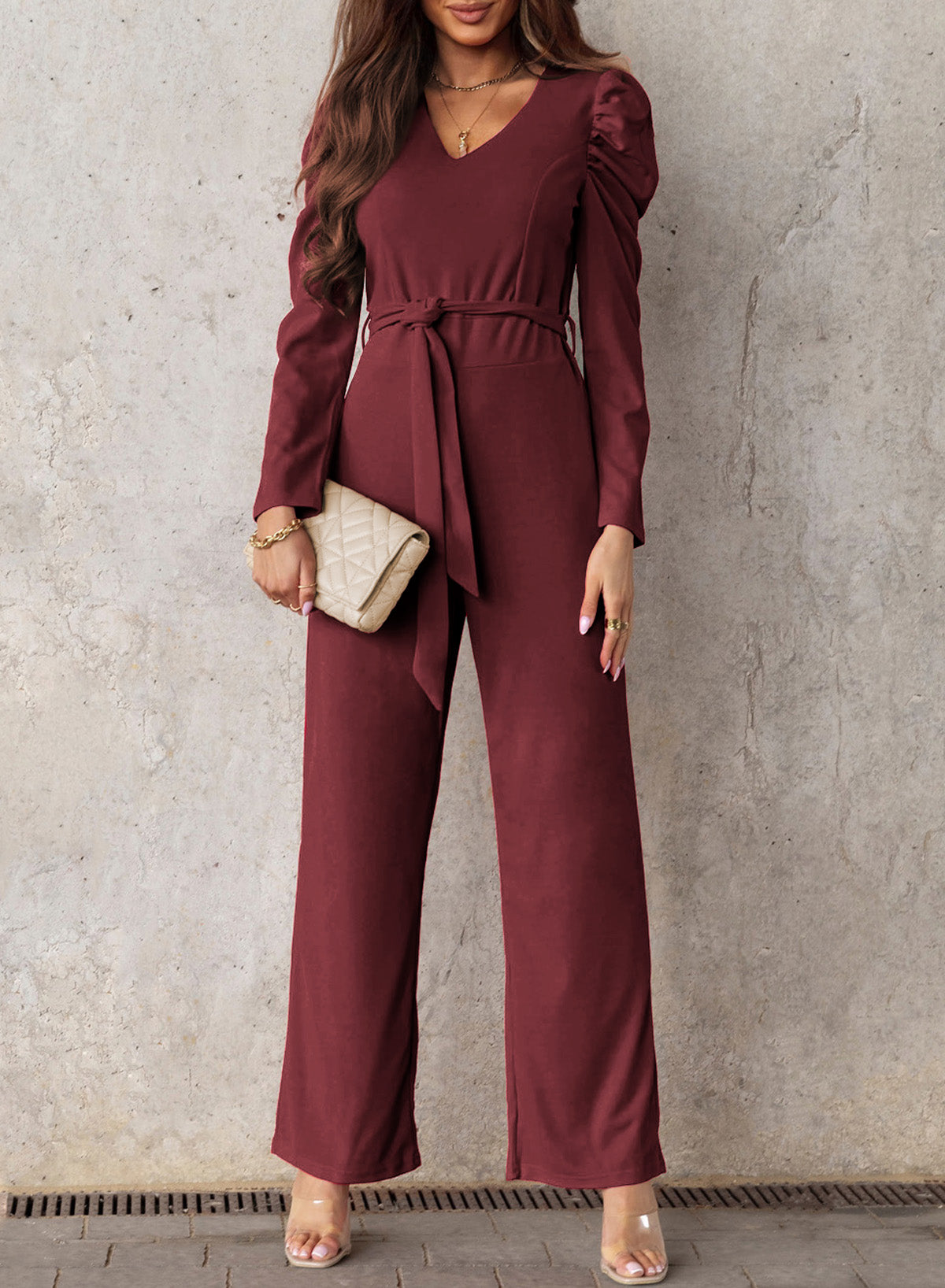 Belted Long Puff Sleeve V-Neck Jumpsuit - SHIRLYN.CO