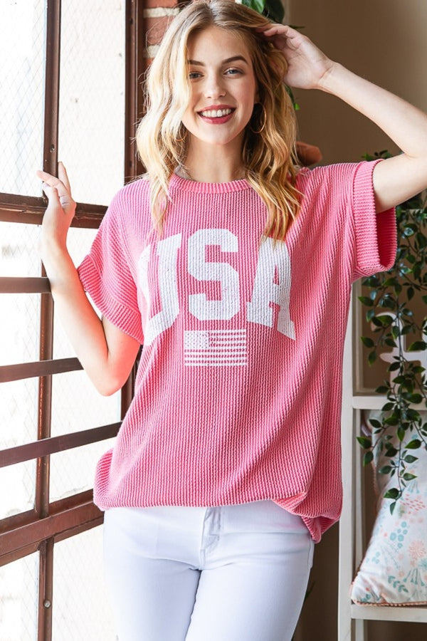 SHIRLYN Full Size USA Graphic Short Sleeve Ribbed Top