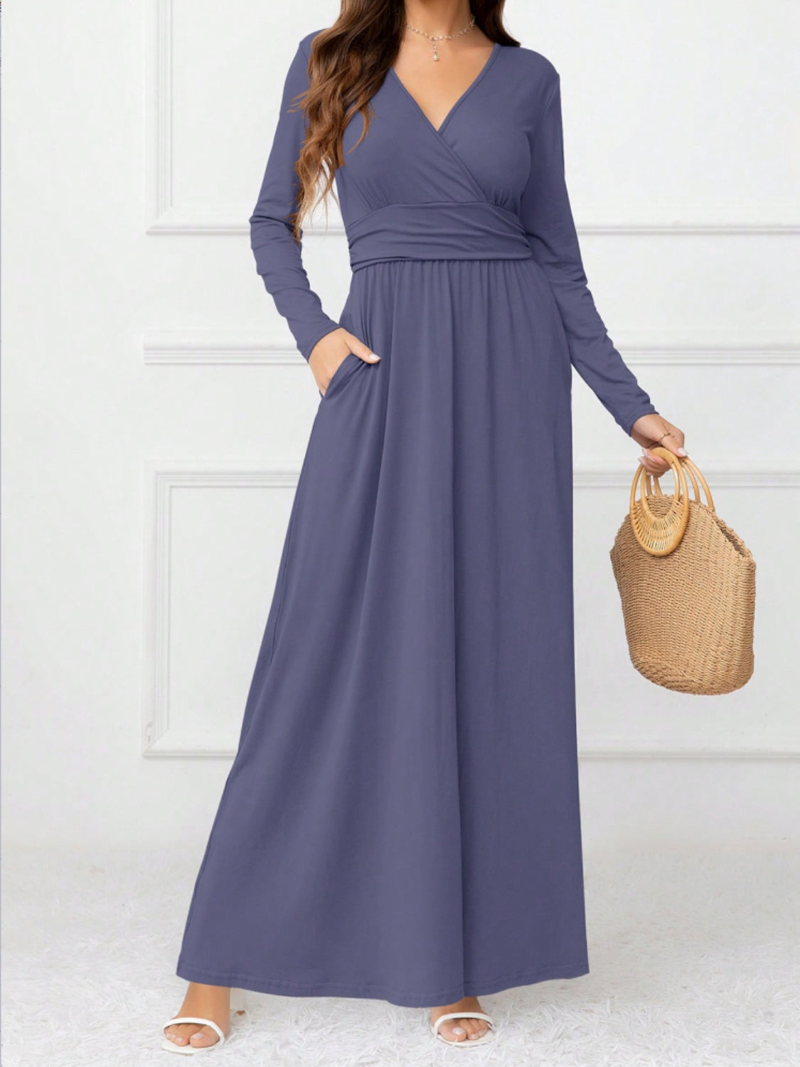 Pocketed Surplice Long Sleeve Maxi Dress