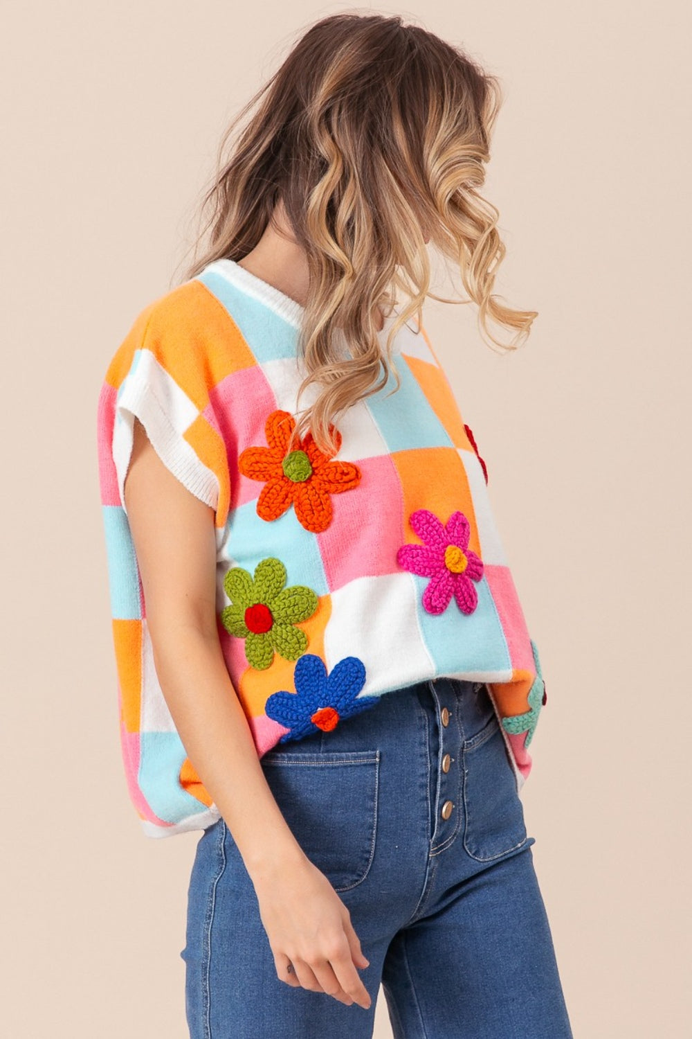 Flower Patch Checkered Sweater Vest