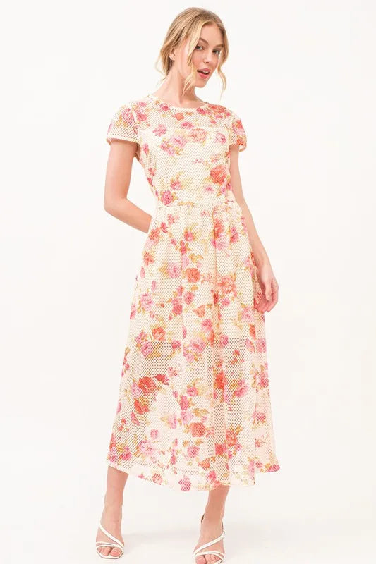 Fish-Net Floral Printed Midi Dress in bold floral print, summer party outfit