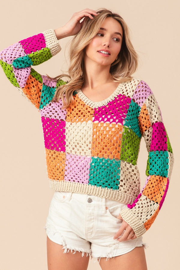 SHIRLYN Multi Color Checkered Long Sleeve Knit Top