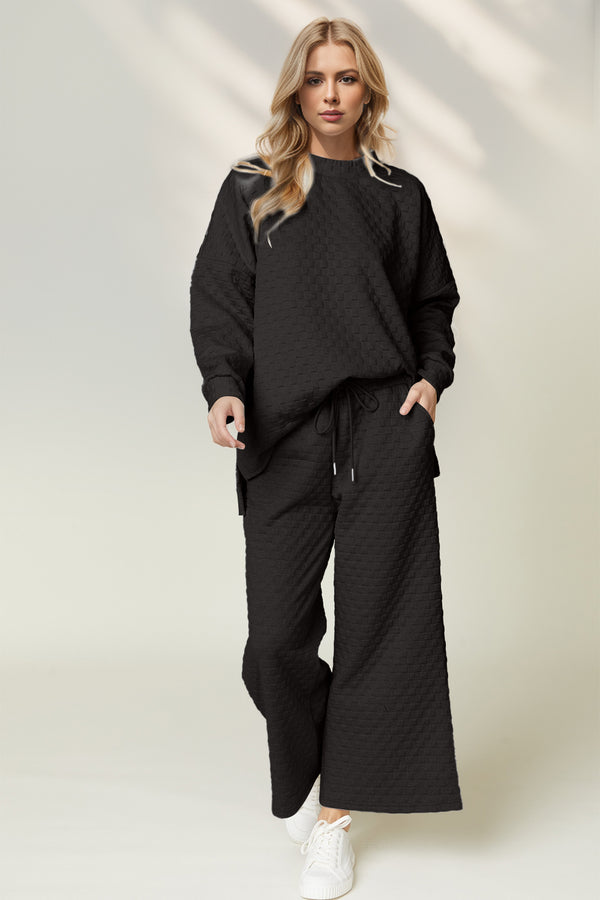 SHIRLYN Double Take Checkered Slit High-Low Round Neck Top and Wide Leg Pants Set