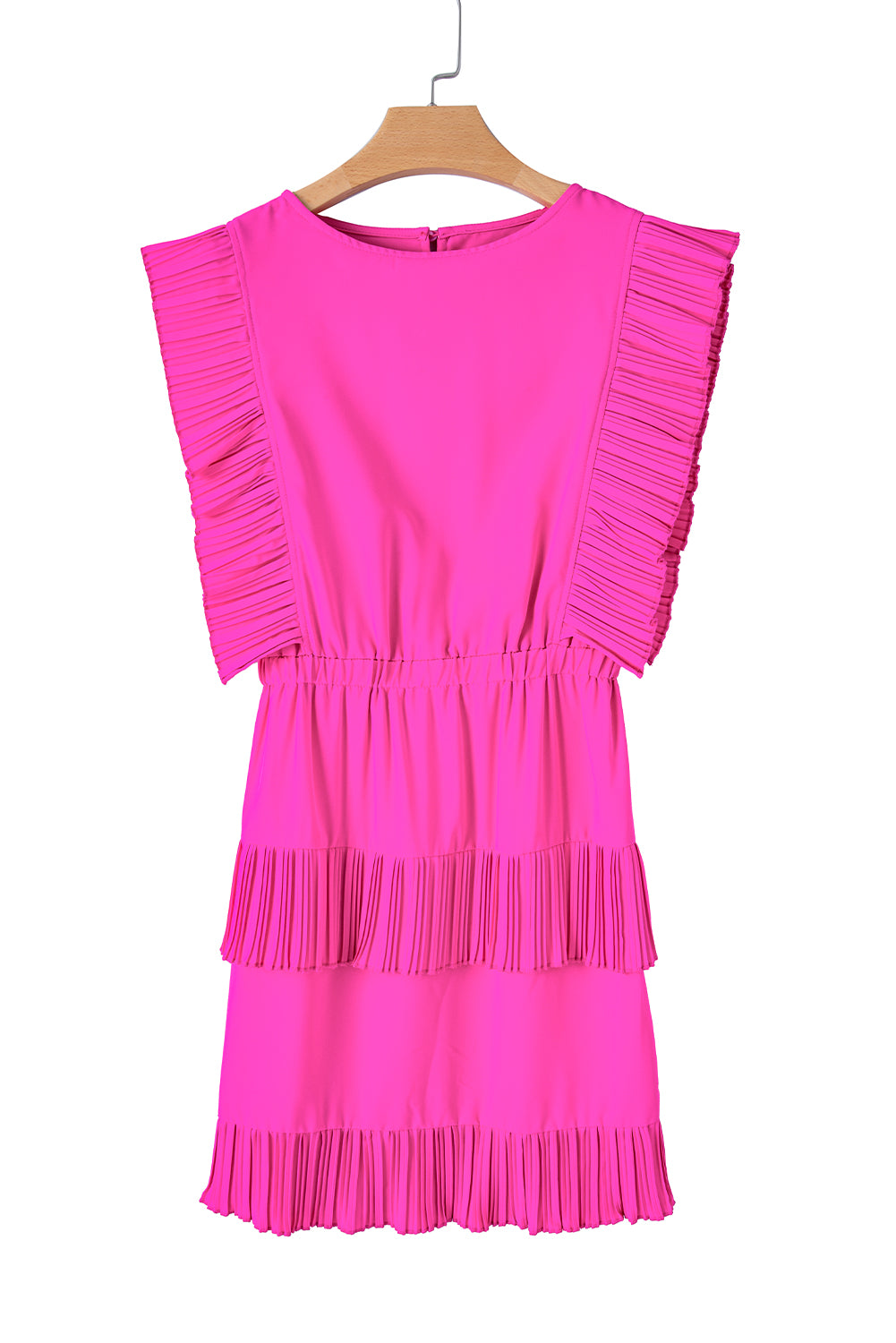 Bright Pink Pleated Layered Ruffle Sleeveless Mini Dress