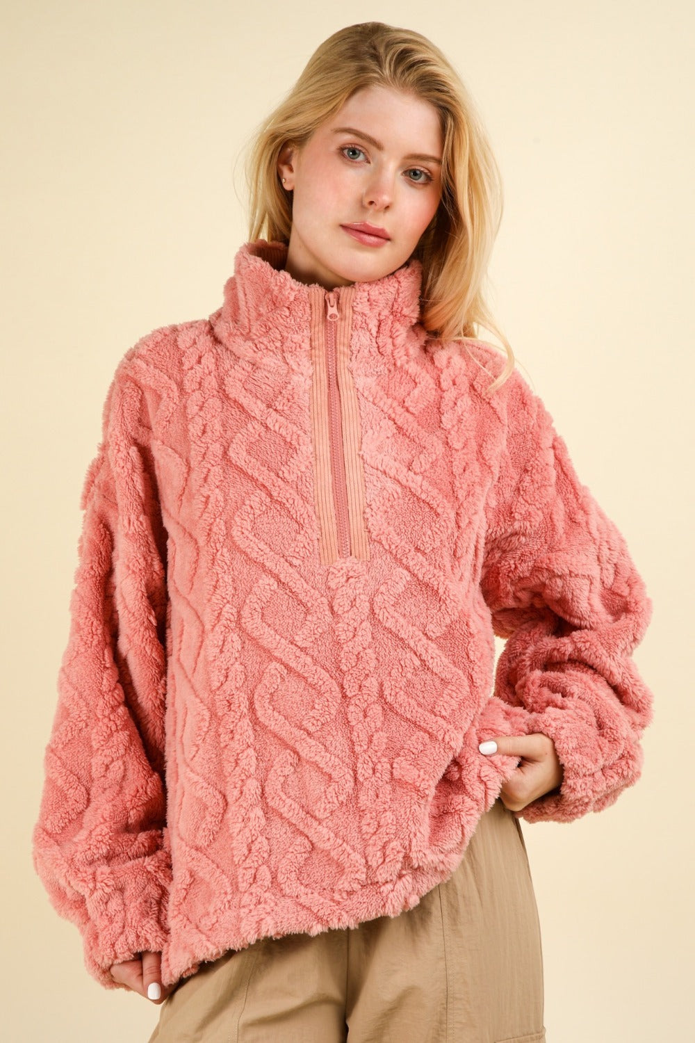 SHIRLYN Fuzzy Fleece Half Zip Cable Pattern Sweatshirt