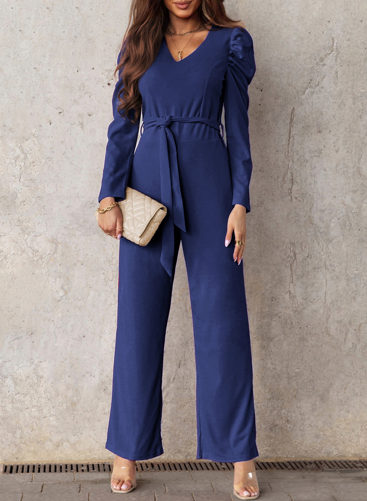 Belted Long Puff Sleeve V-Neck Jumpsuit - SHIRLYN.CO