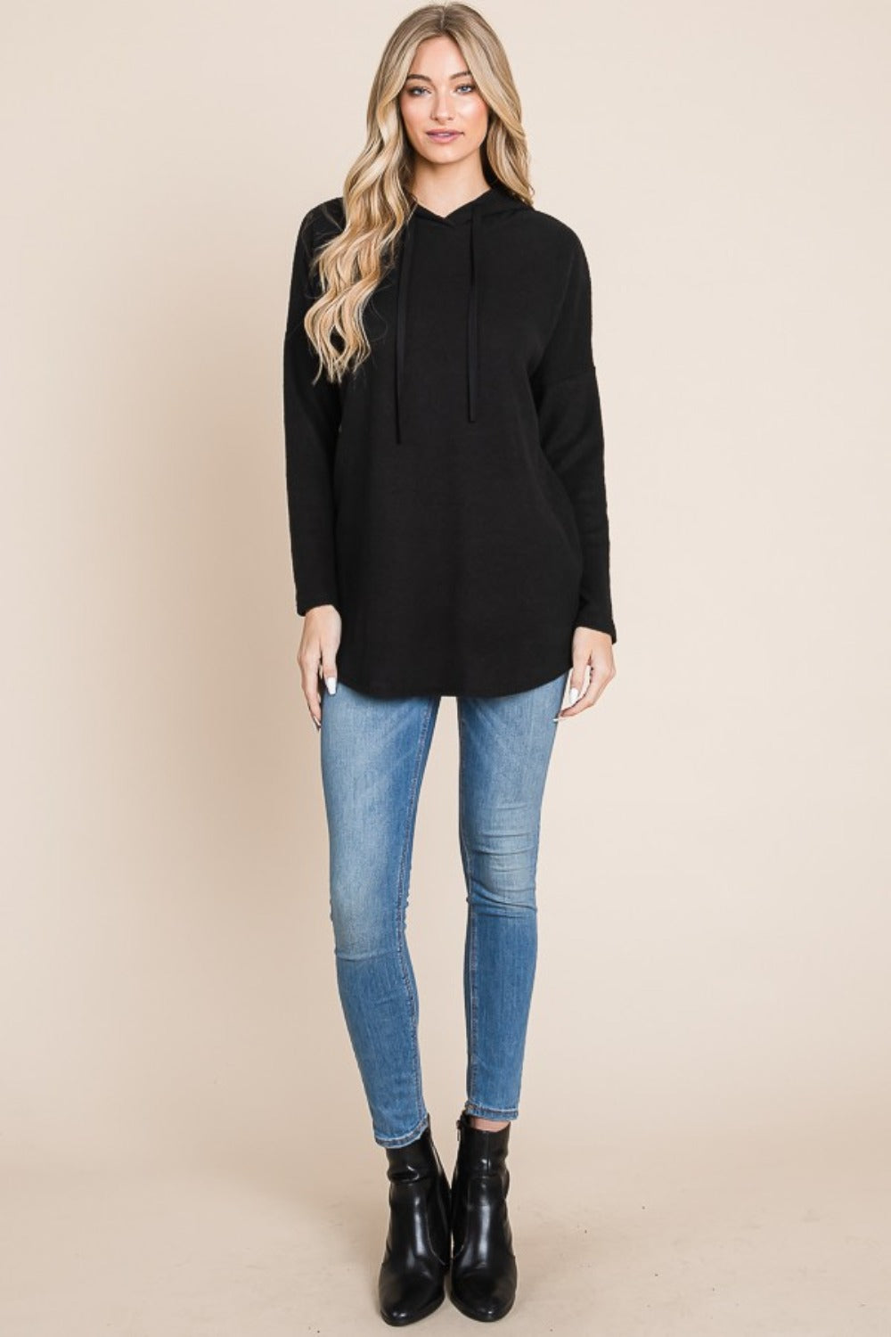 SHIRLYN Contrast Drawstring Drop Shoulder Knit Hoodie