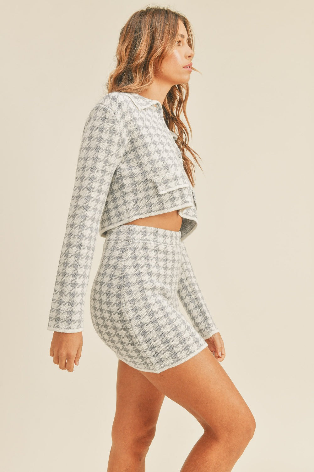 SHIRLYN Houndstooth Cropped Knit Cardigan and Mini Skirt Set