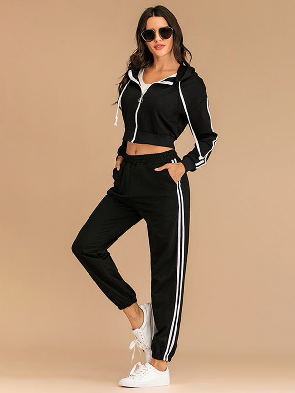 SHIRLYN Drawstring Side Stripe Zip Up Hooded Top and Pants Set