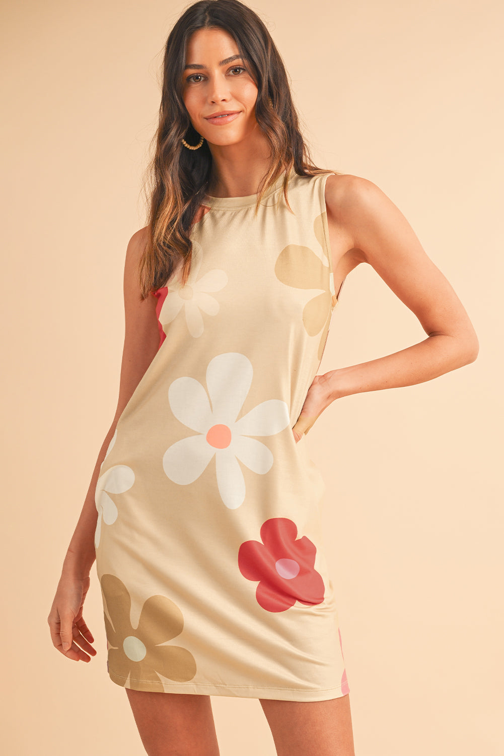 Apricot Flower Print Crew Neck Sleeveless Mini Dress