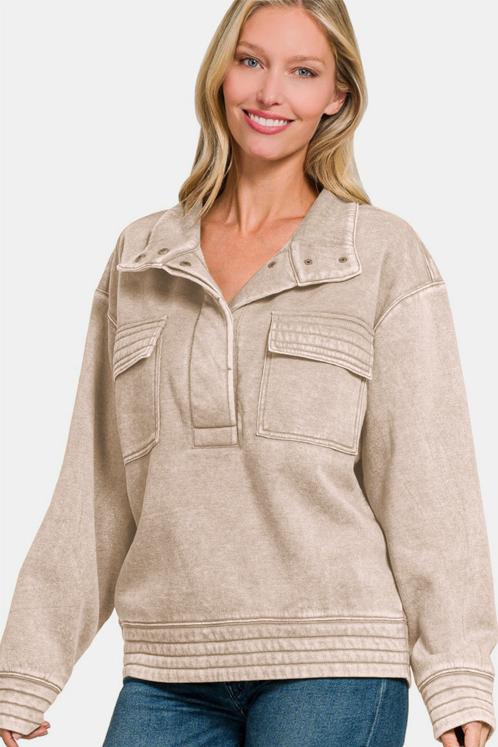 SHIRLYN Washed Half Snap Fleece Sweatshirt