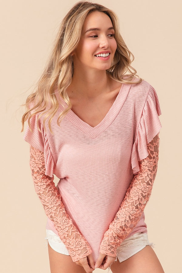 SHIRLYN Ruffled Lace Sleeve Rib Knit Top