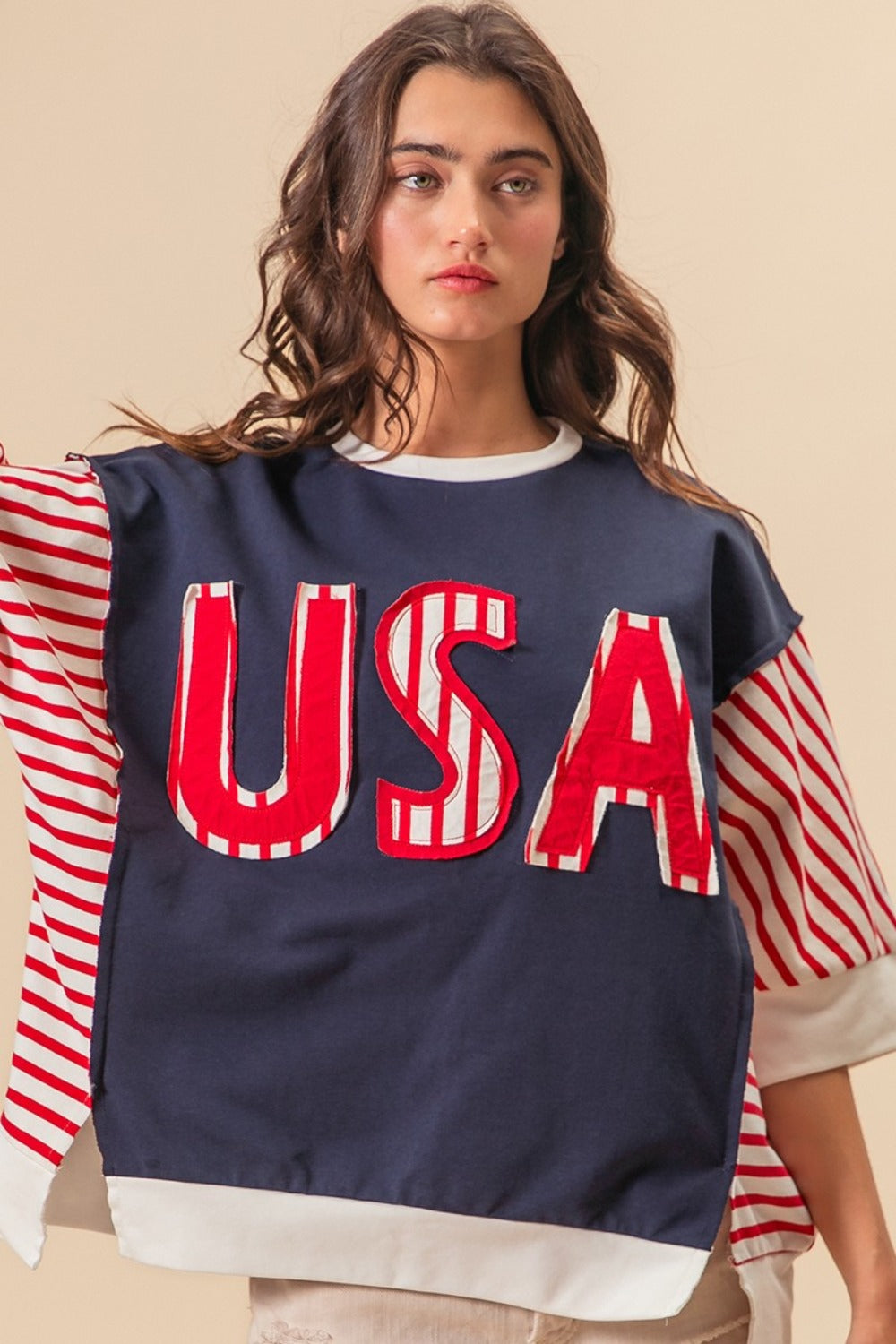 SHIRLYN USA Letter Patchwork Contrast Short Sleeve T-Shirt