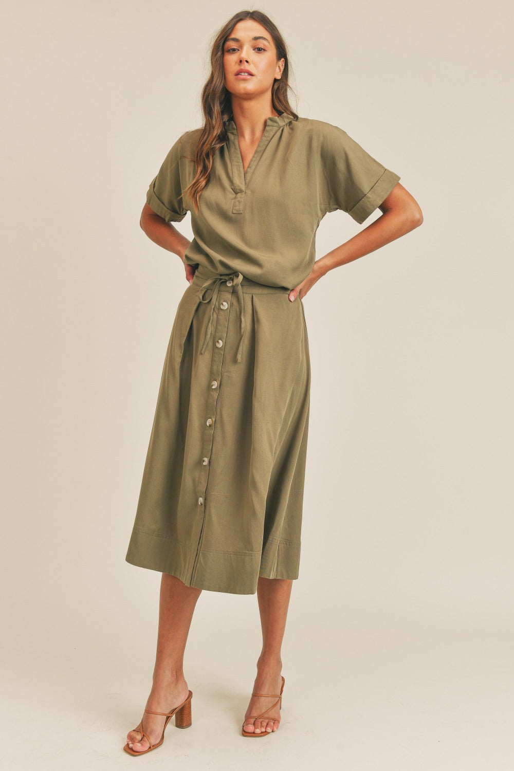 SHIRLYN Short Sleeve Top and Button Down Midi Skirt Set