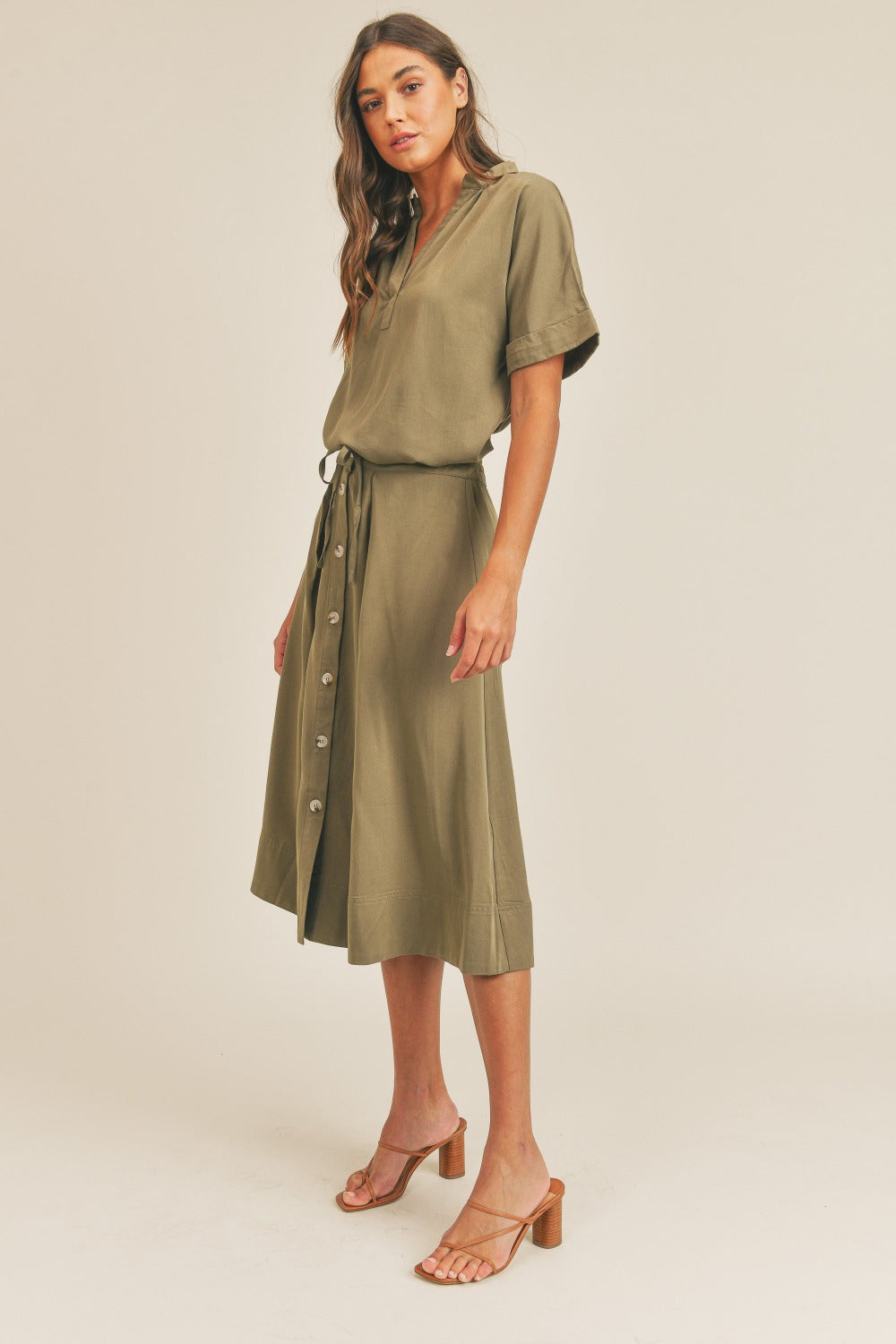 SHIRLYN Short Sleeve Top and Button Down Midi Skirt Set