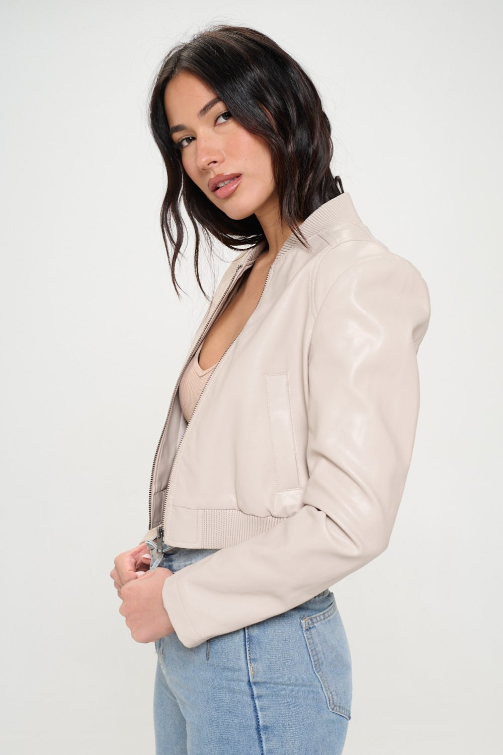 SHIRLYN.CO LA Zip Up Cropped Bomber Jacket