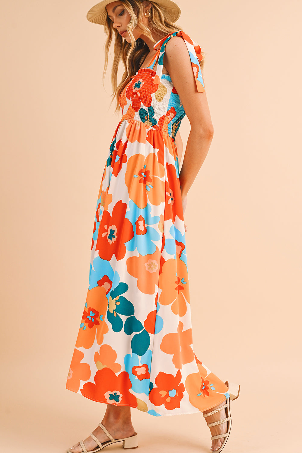 Orange 60s Floral Printed Shoulder Tie Smocked Maxi Dress