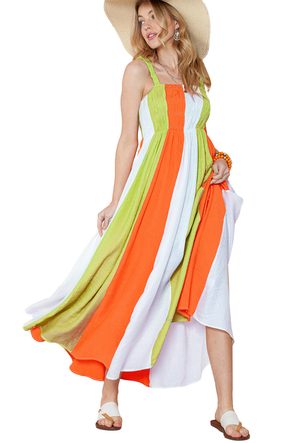 Green Color Block Shirred High Waist Pleated Maxi Dress