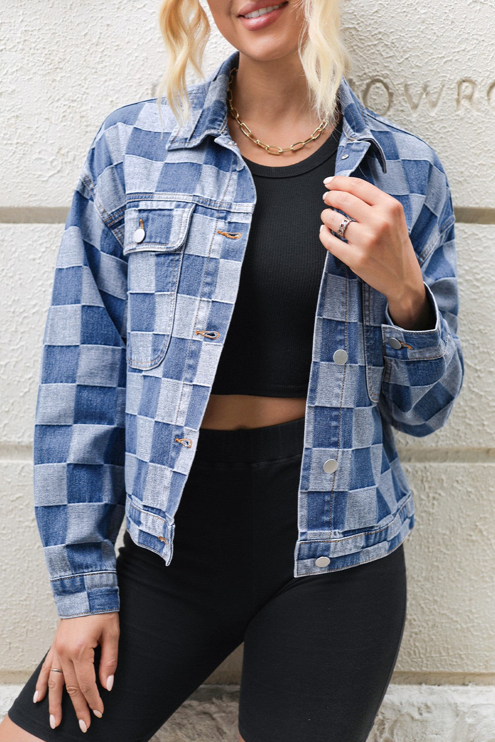 SHIRLYN - Checkered Button Up Long Sleeve Denim Jacket