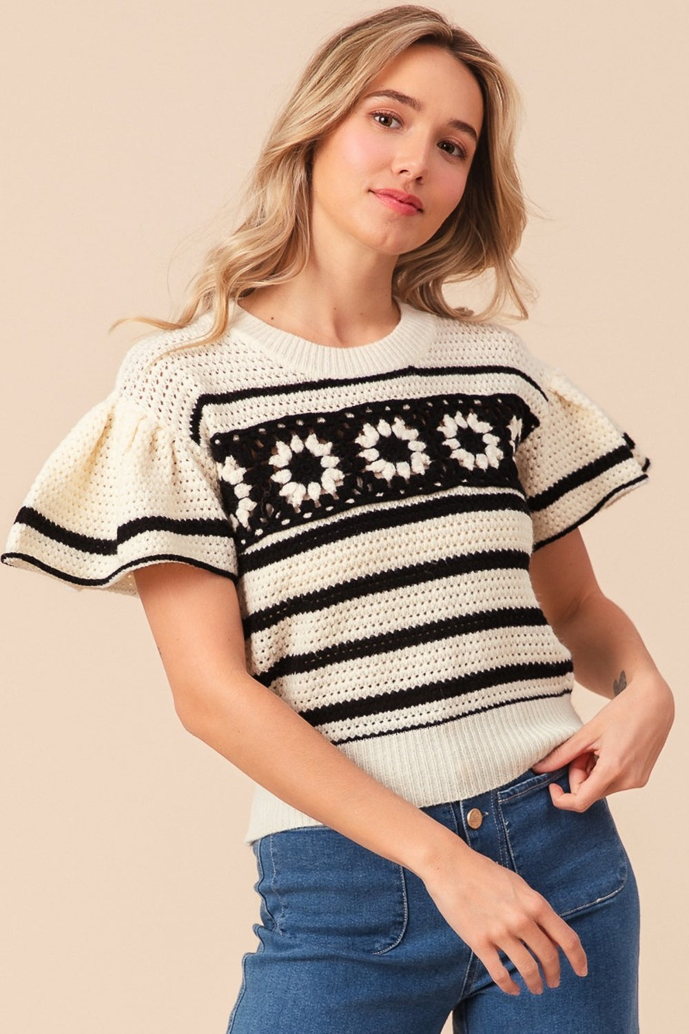 SHIRLYN Granny Square Short Sleeve Striped Sweater