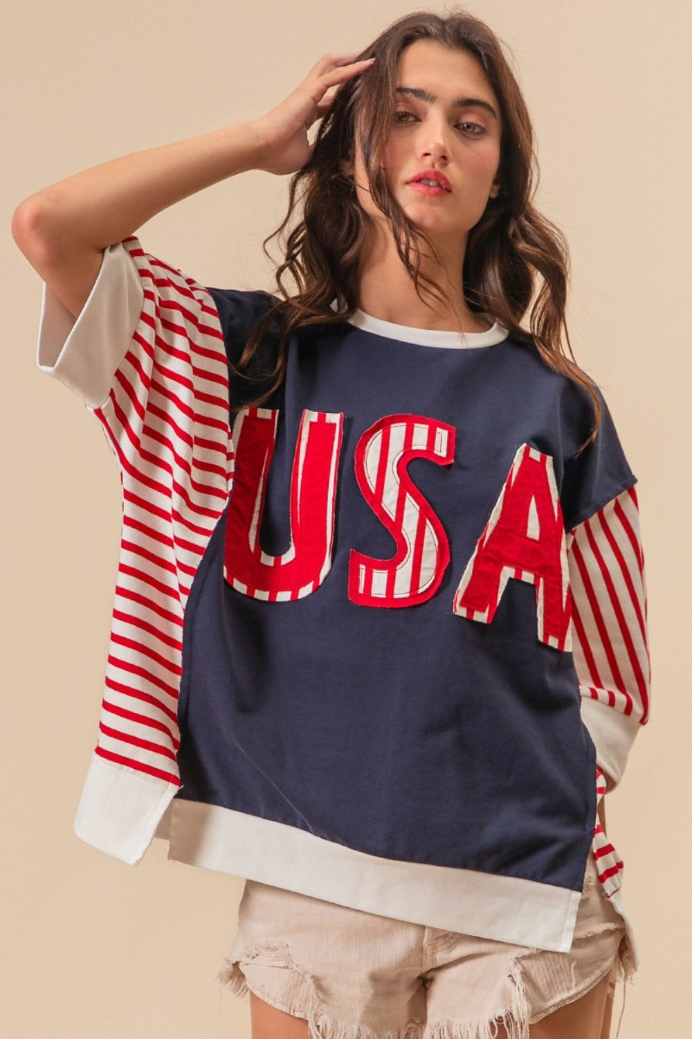 SHIRLYN USA Letter Patchwork Contrast Short Sleeve T-Shirt