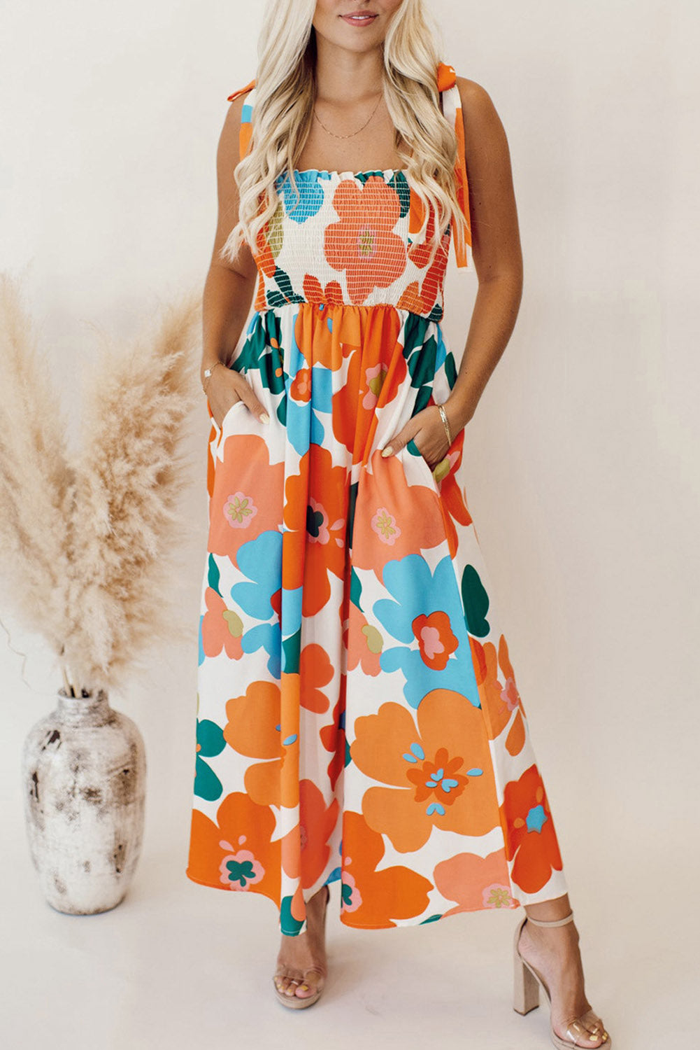 Orange 60s Floral Printed Shoulder Tie Smocked Maxi Dress