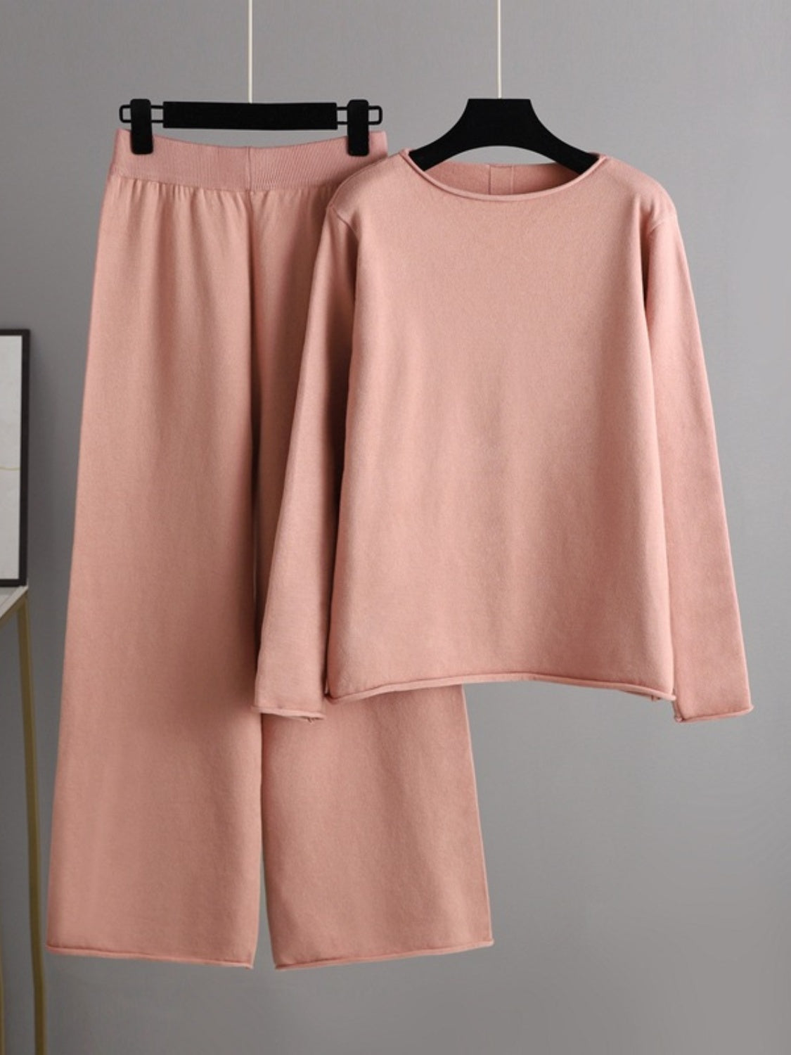 SHIRLYN Rolled Round Neck Top and Pants Sweater Set