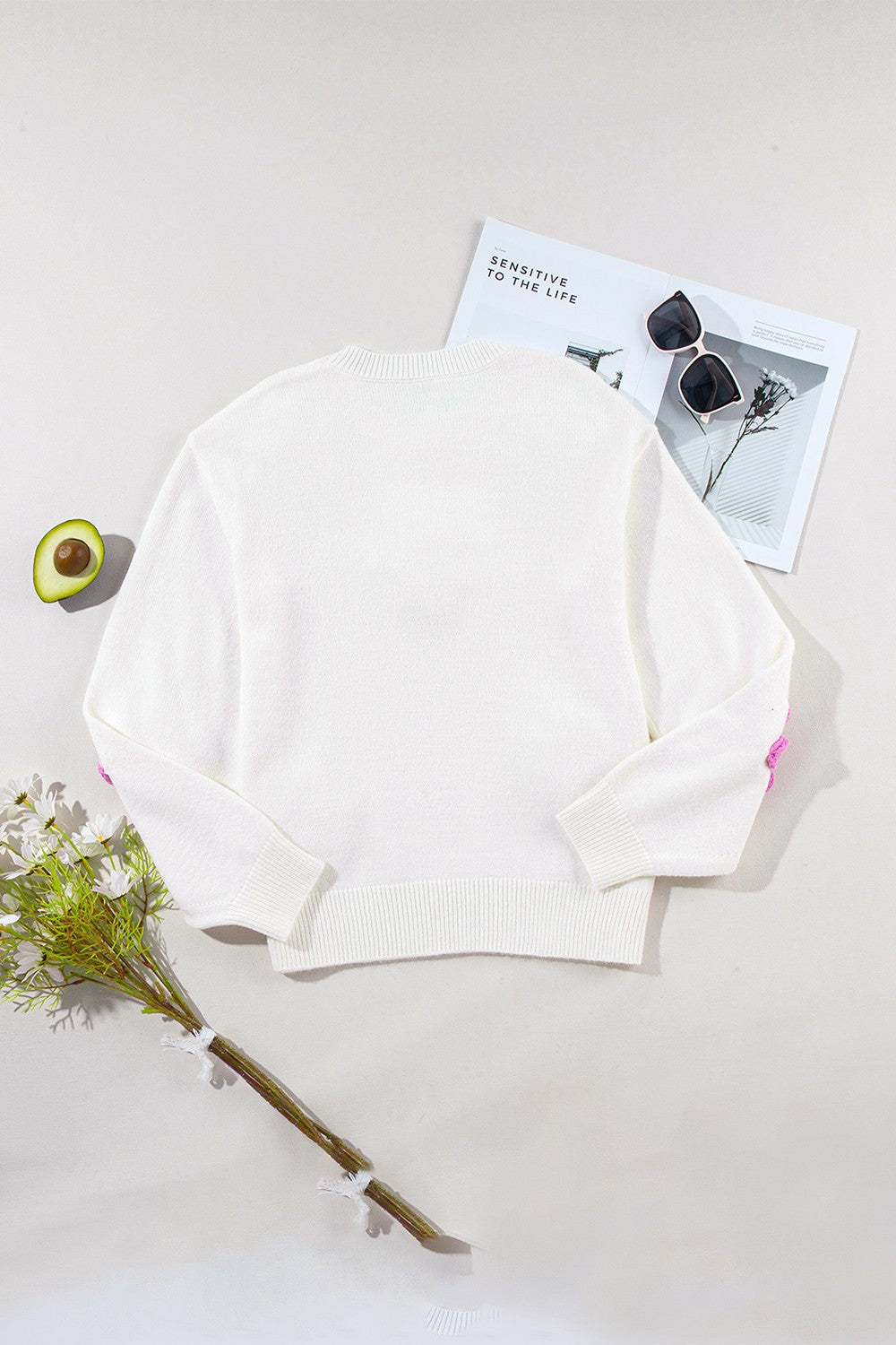 SHIRLYN Crochet Flower Round Neck Long Sleeve Sweater