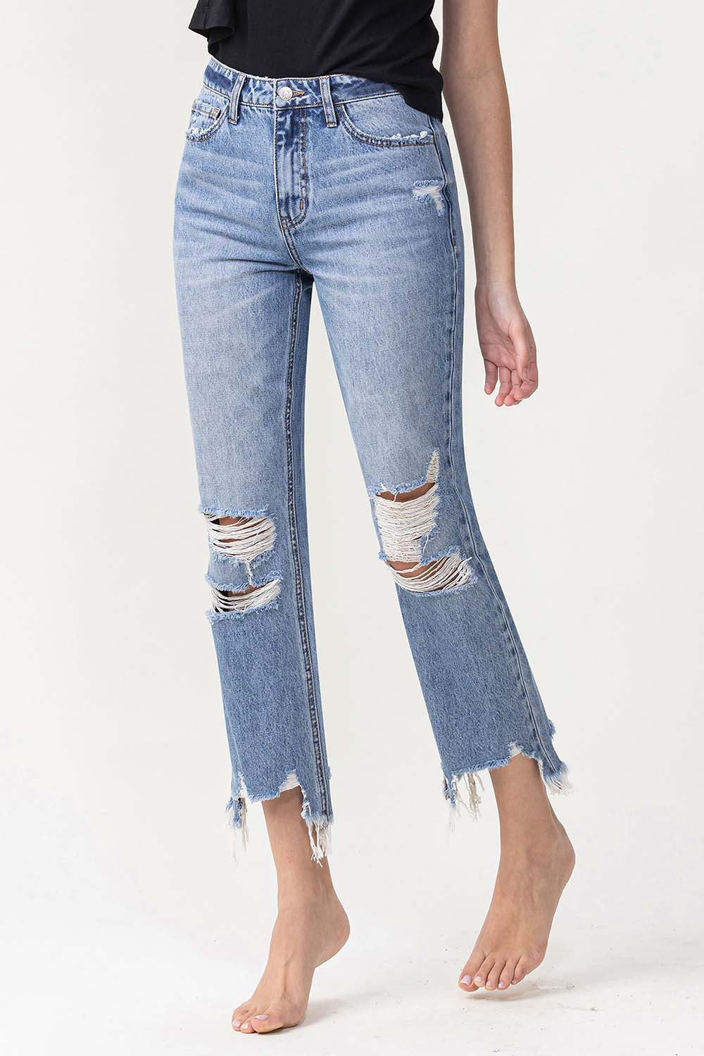 High Rise Distressed Straight Jeans