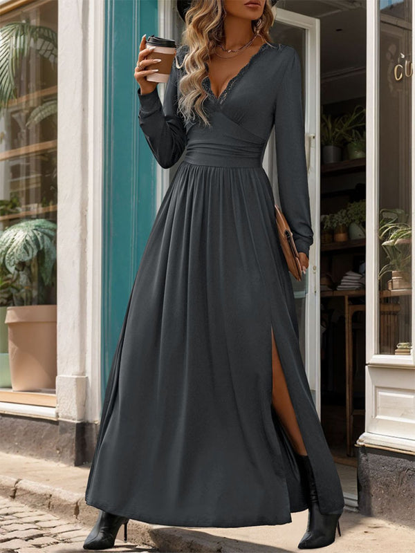 Lace Detail Slit V-Neck Long Sleeve Dress