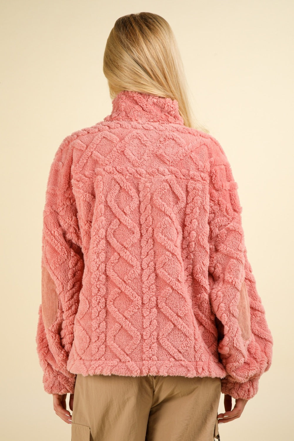 SHIRLYN Fuzzy Fleece Half Zip Cable Pattern Sweatshirt