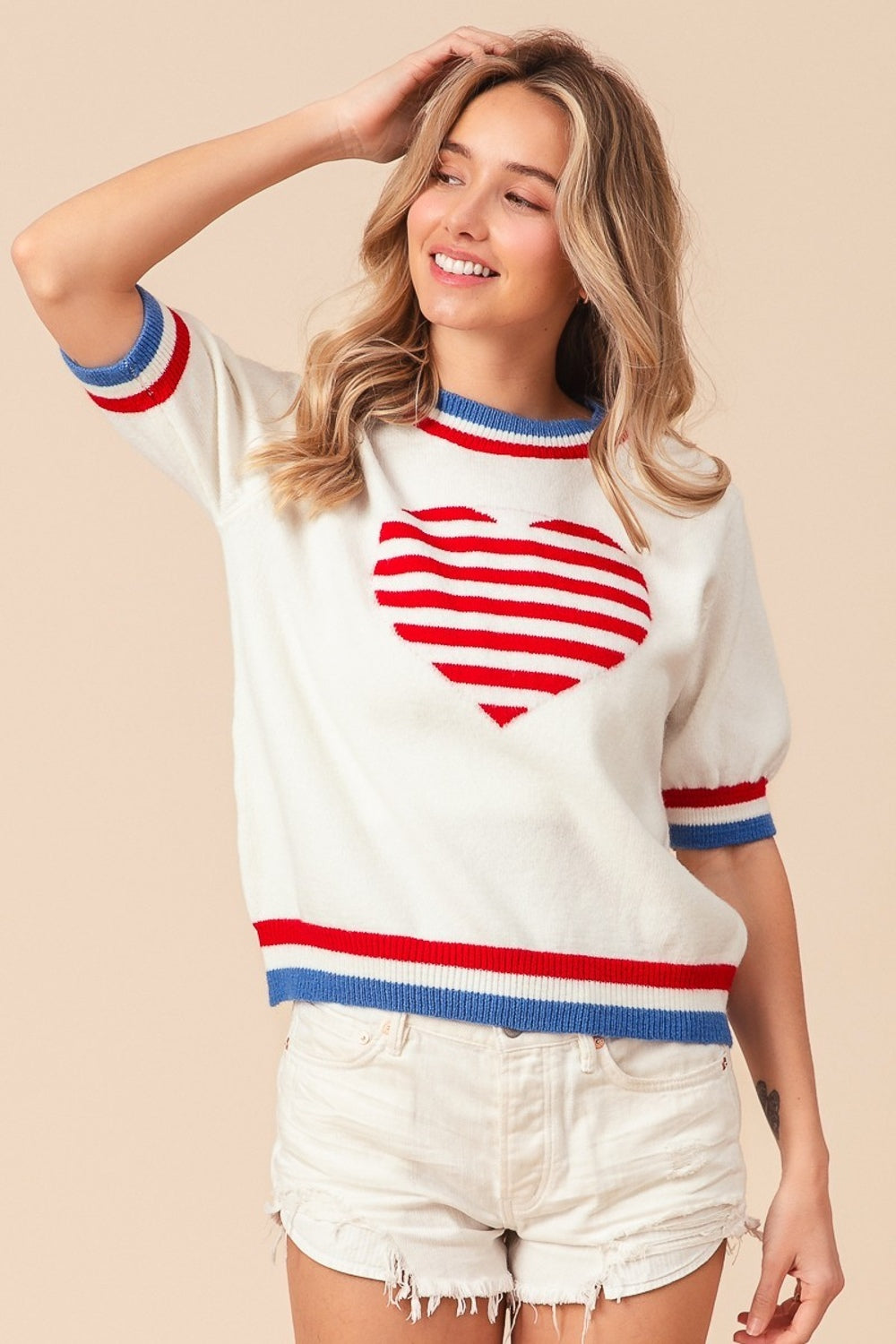 SHIRLYN US Flag Theme Striped Heart Sweater