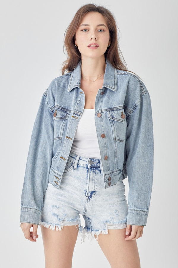 SHIRLYN Full Size Button Down Cropped Denim Jacket