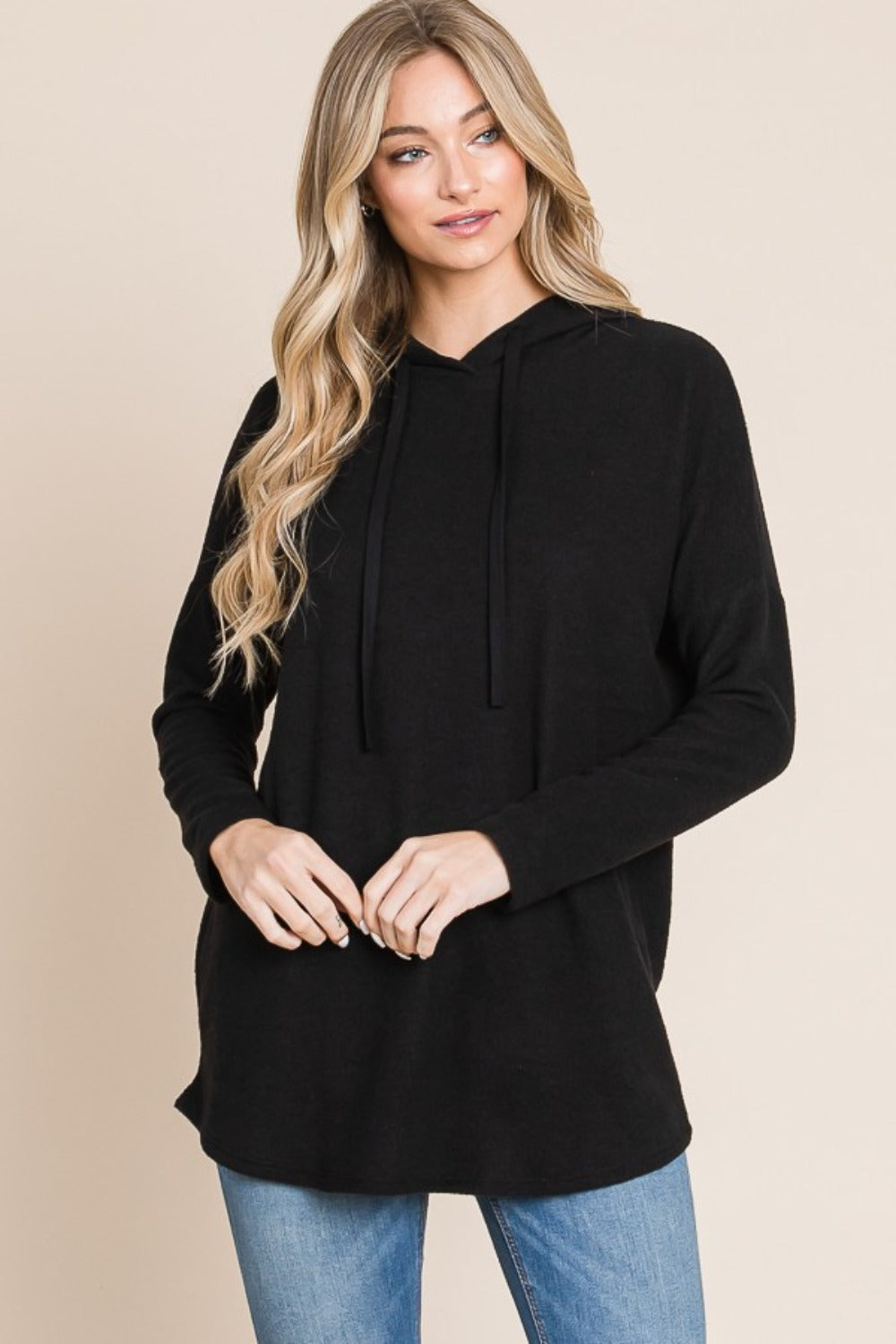 SHIRLYN Contrast Drawstring Drop Shoulder Knit Hoodie