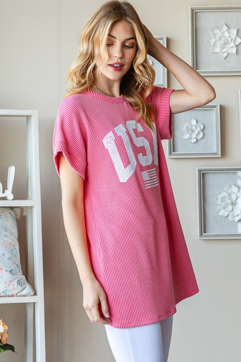 SHIRLYN Full Size USA Graphic Short Sleeve Ribbed Top