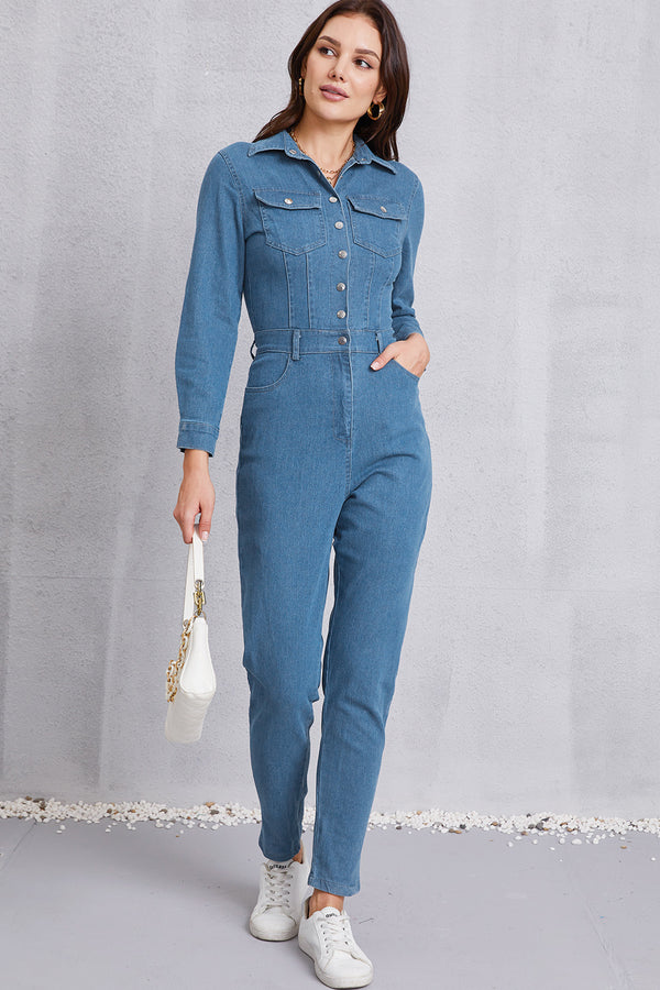 SHIRLYN Snap Down Denim Jumpsuit with Pockets