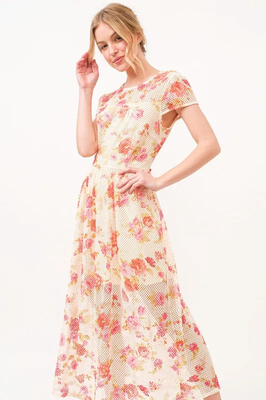 Fish-Net Floral Printed Midi Dress in bold floral print, summer party outfit
