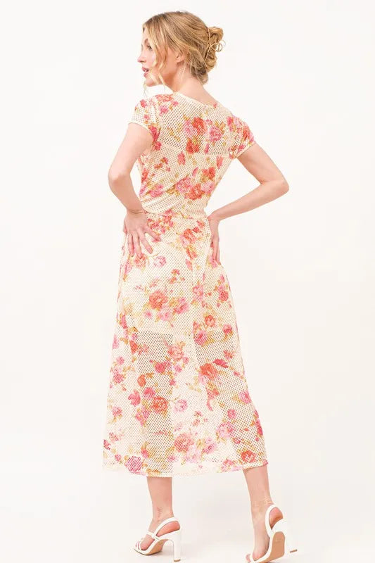 Fish-Net Floral Printed Midi Dress in bold floral print, summer party outfit