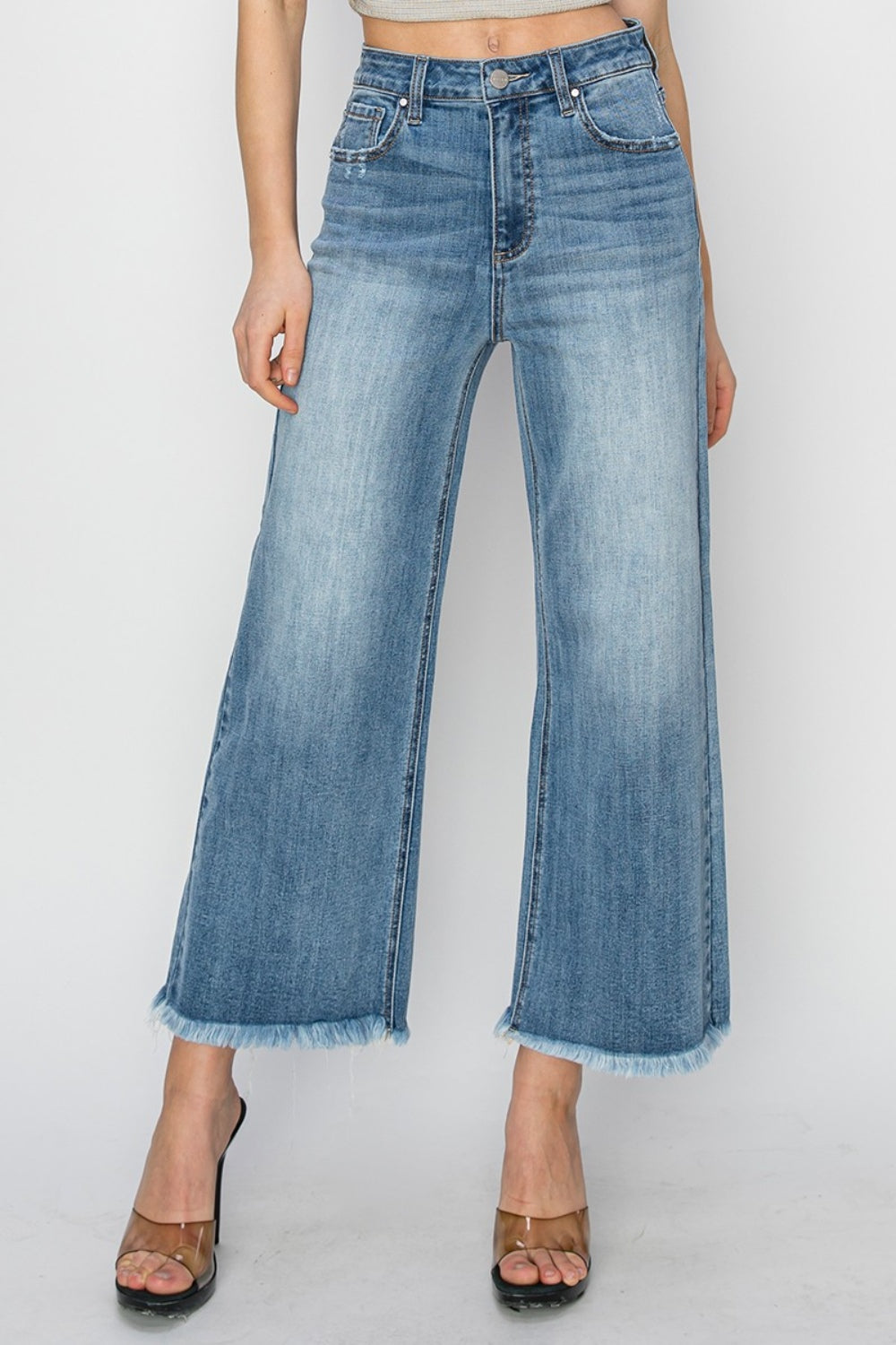 SHIRLYN Raw Hem Cropped Wide Leg Jeans