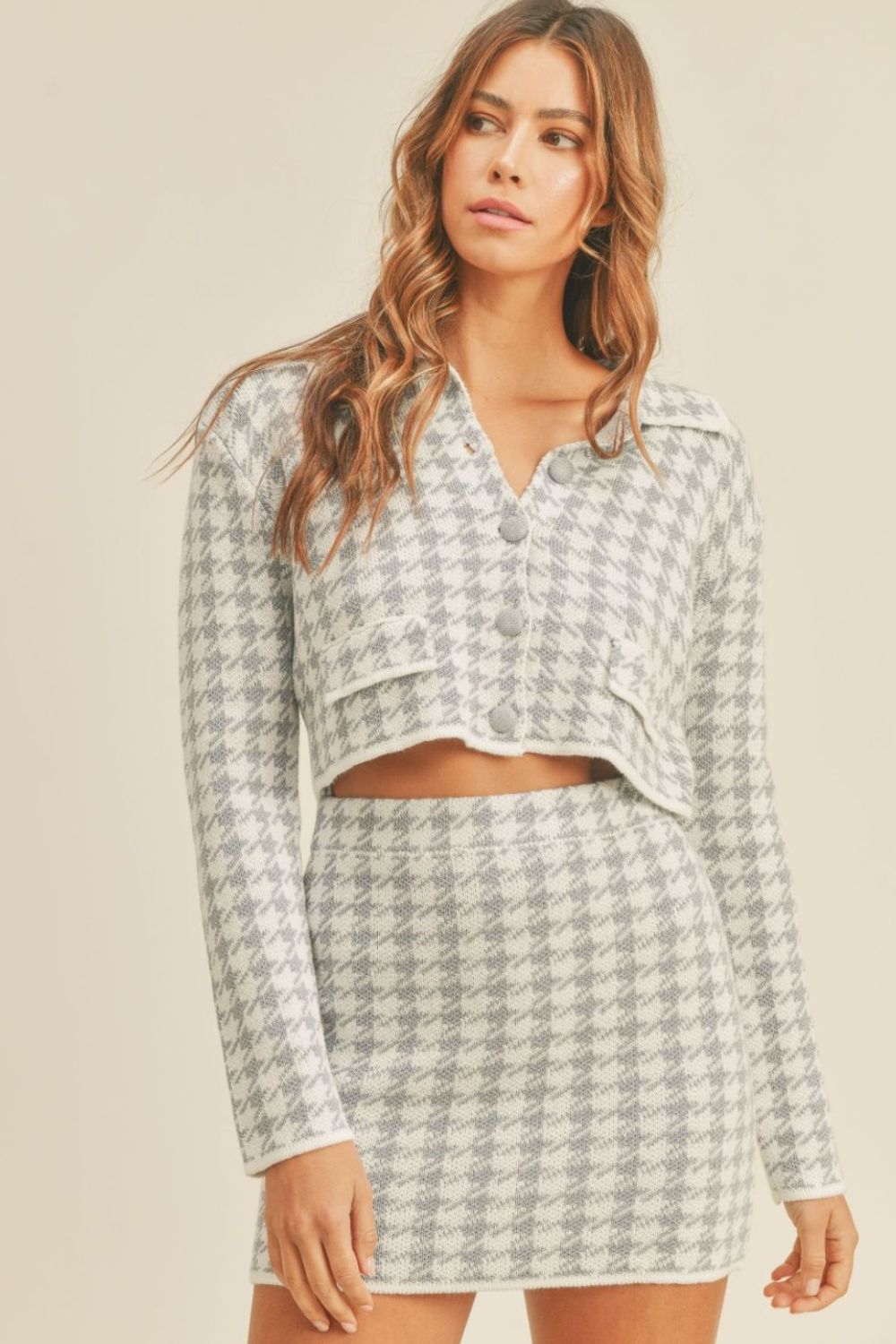 SHIRLYN Houndstooth Cropped Knit Cardigan and Mini Skirt Set